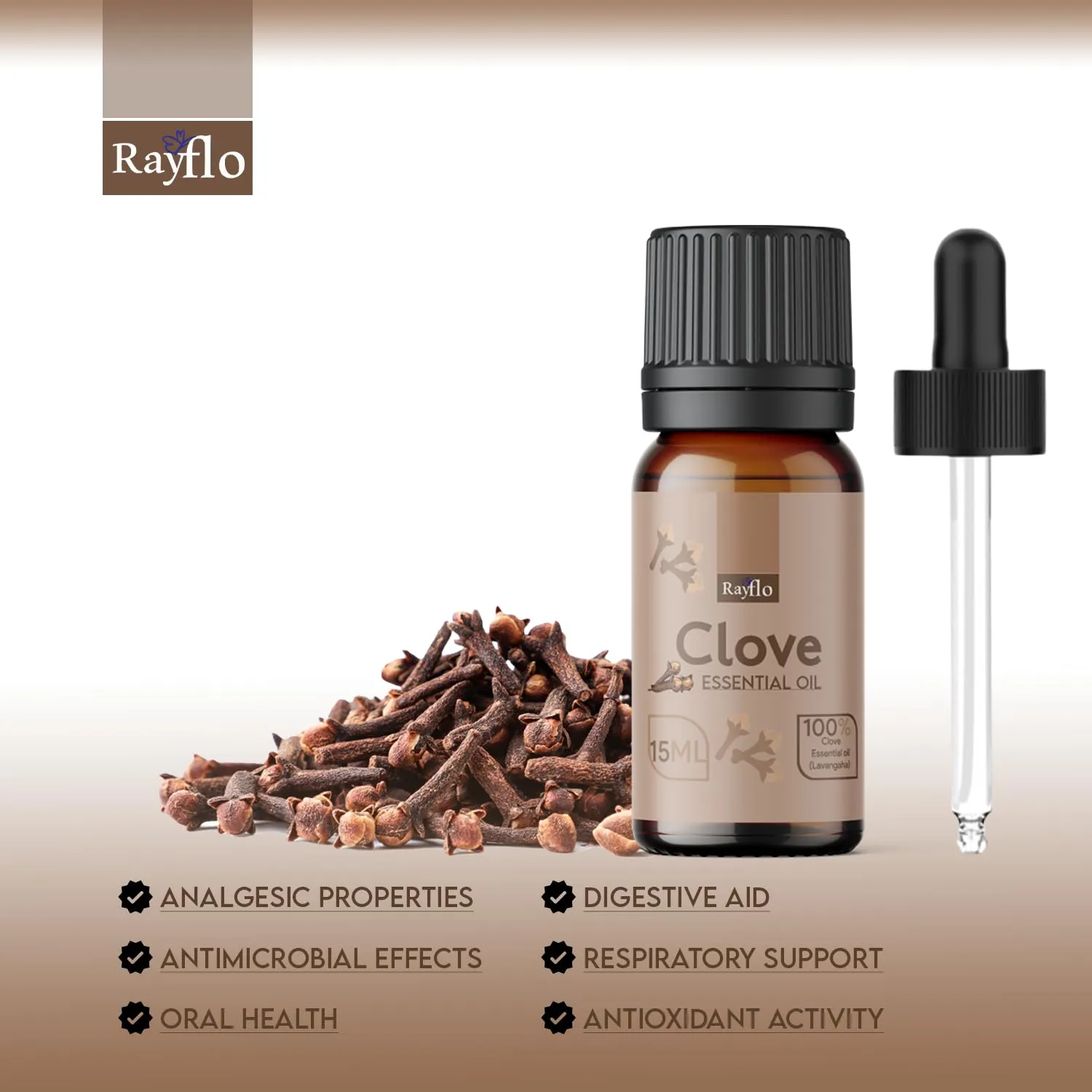 Rayflo Clove Essential Oil 15 ml for Teeth & Gum Care, Skin Care, Hair Care and Diffuser - Undiluted, Pure & Natural with Glass Dropper. (15 ml (pack of 1)