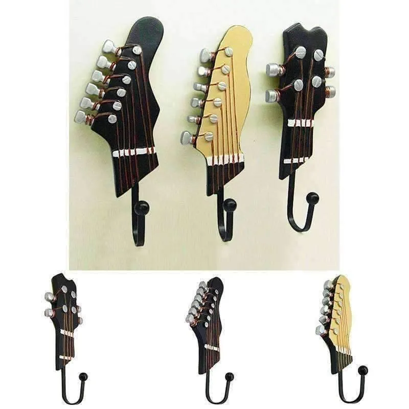 Retro Guitar Heads Clothes Hat Hooks Hangers Wall Mounted Set of 3