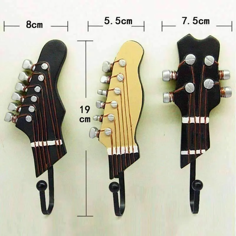 Retro Guitar Heads Clothes Hat Hooks Hangers Wall Mounted Set of 3