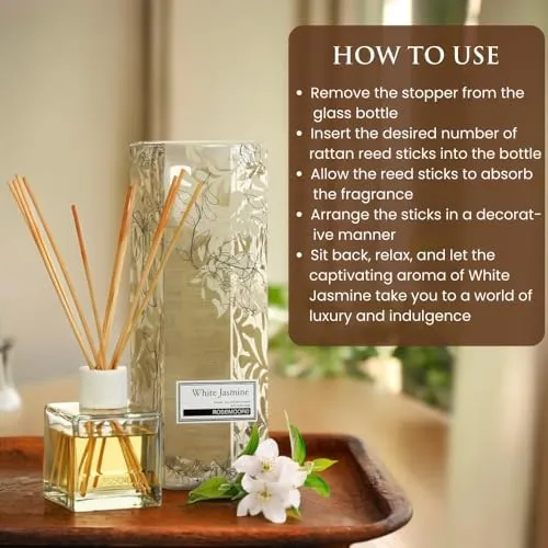 Rosemoore White Jasmine 200 ml Reed Diffuser Set | Free 10 Reed Sticks | Home Fragrance | Improves Mood and Relieves The Mind | Distinctive Fragrance for Home, Office, Washroom & Spa