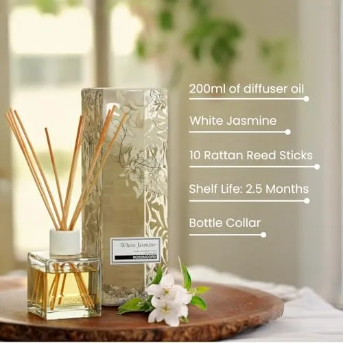 Rosemoore White Jasmine 200 ml Reed Diffuser Set | Free 10 Reed Sticks | Home Fragrance | Improves Mood and Relieves The Mind | Distinctive Fragrance for Home, Office, Washroom & Spa