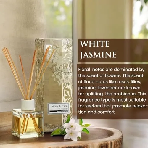 Rosemoore White Jasmine 200 ml Reed Diffuser Set | Free 10 Reed Sticks | Home Fragrance | Improves Mood and Relieves The Mind | Distinctive Fragrance for Home, Office, Washroom & Spa