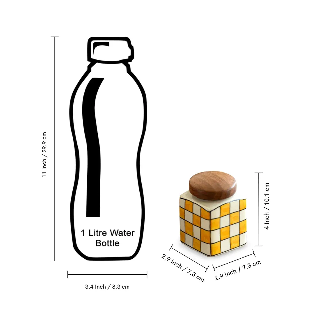 'Shatranj Checkered' Multi-Purpose Storage Jars & Containers In Ceramic With Wooden Holder (Air-Tight, Set Of 4, 240 ml, Hand-Painted)