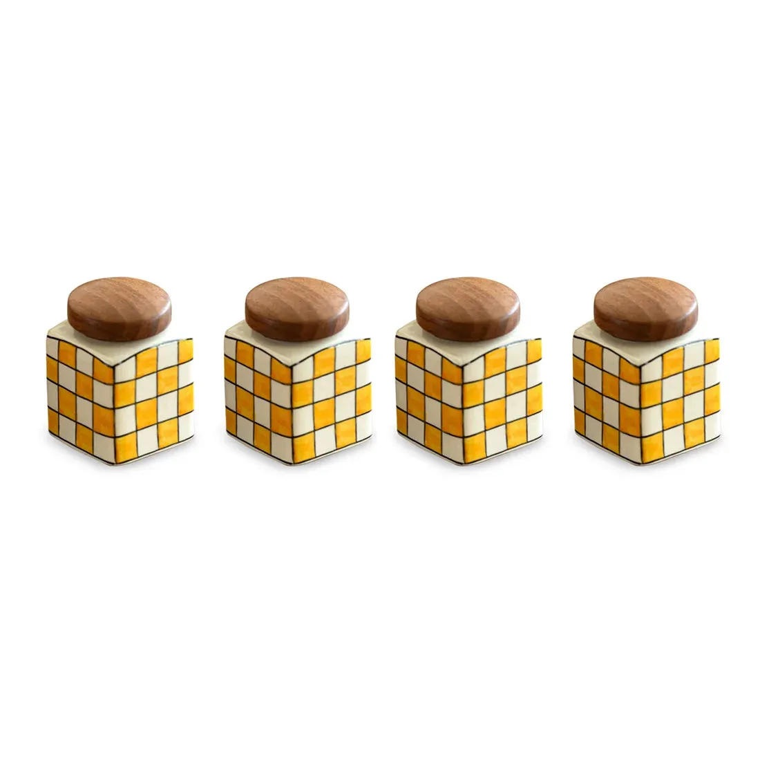 'Shatranj Checkered' Multi-Purpose Storage Jars & Containers In Ceramic With Wooden Holder (Air-Tight, Set Of 4, 240 ml, Hand-Painted)