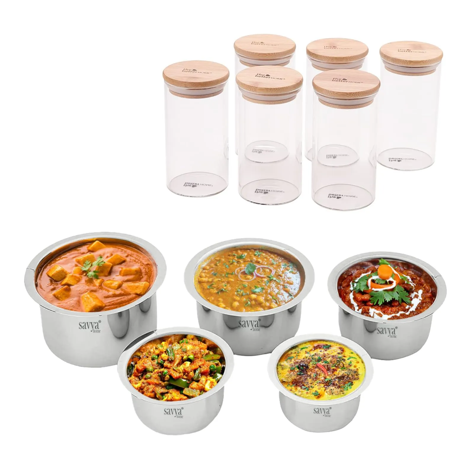 The Better Home Pack Of 6 300 ml Each Kitchen Containers Set with Bamboo Lid & 5 Pcs Stainless Steel Tope Set | Gas Stove & Induction Compatible | 2400 ml, 1900 ml, 1400 ml, 1000 ml, 800 ml