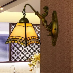 Tiffany Blue Glass Wall Sconce with Mermaid Backplate - Elegant 1 Head Light Fixture