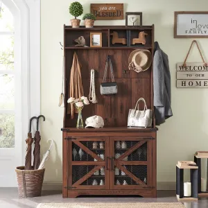 timeless Farmhouse Hall Tree with Bench and 20 Shoe Storage, Entryway Bench with Sliding Barn Door, and 12 Coat Hooks, White