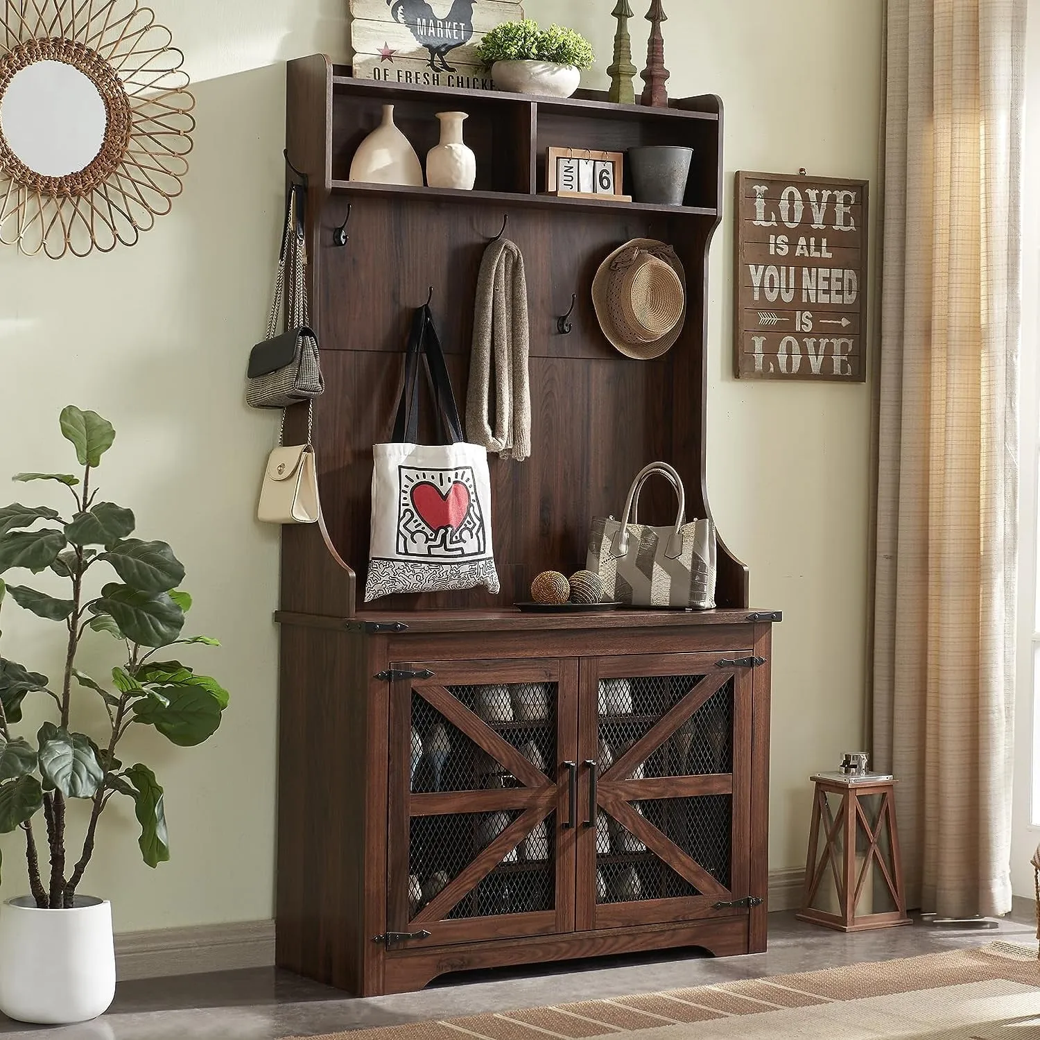 timeless Farmhouse Hall Tree with Bench and 20 Shoe Storage, Entryway Bench with Sliding Barn Door, and 12 Coat Hooks, White