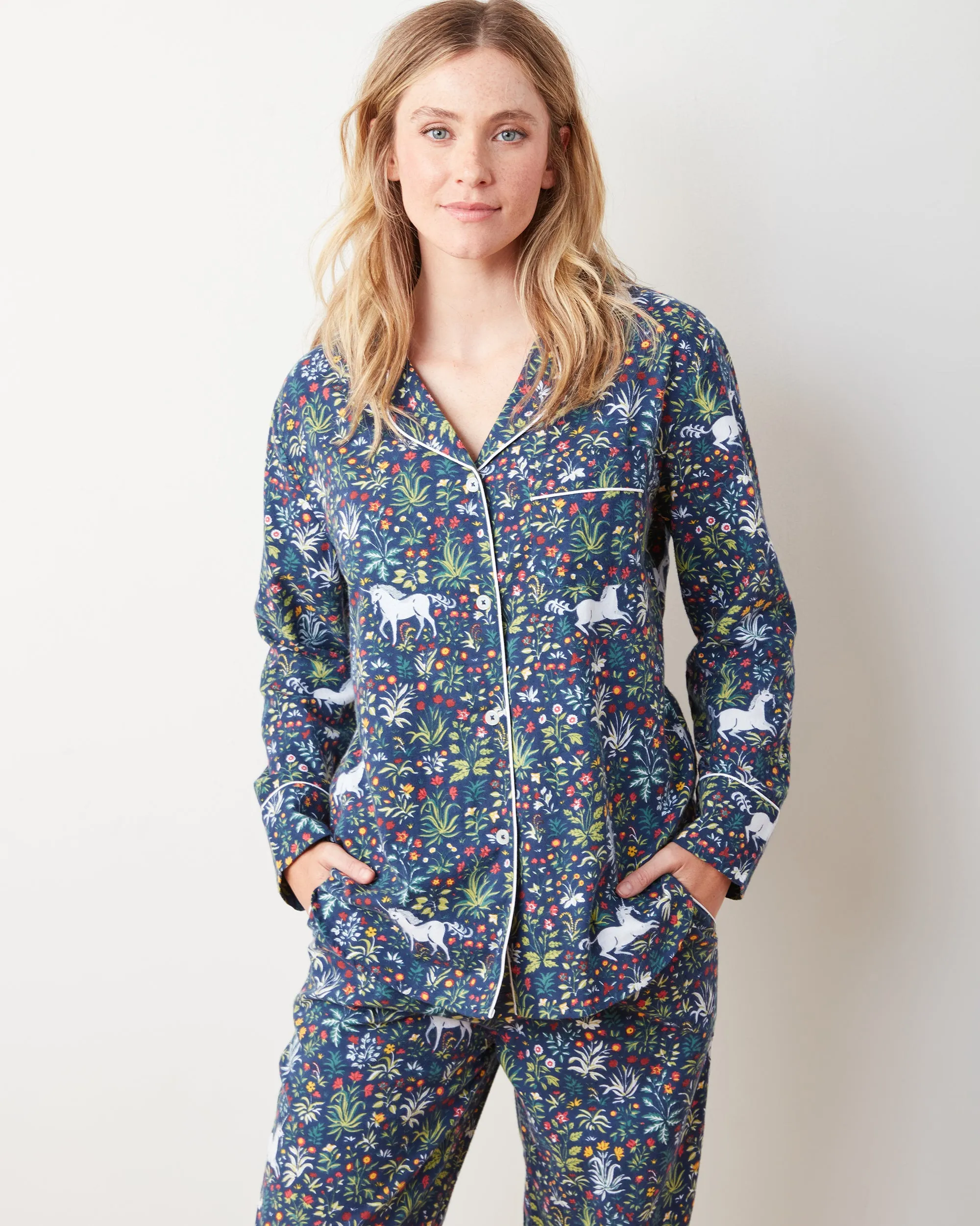 Unicorn's Garden - Lightweight Flannel Long PJ Set - Indigo