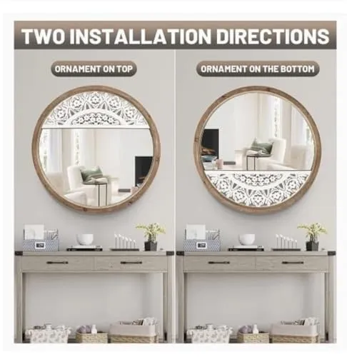 UPZING DECOR 36" x 36'' Round Rustic Mirror Wooden Frame Circle Mirrors, Distressed Wall Mounted Mirror. Only Frame with Out Mirror (White/Brown)