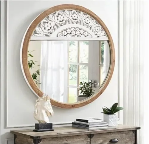 UPZING DECOR 36" x 36'' Round Rustic Mirror Wooden Frame Circle Mirrors, Distressed Wall Mounted Mirror. Only Frame with Out Mirror (White/Brown)