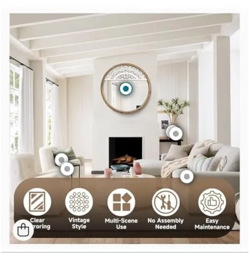 UPZING DECOR 36" x 36'' Round Rustic Mirror Wooden Frame Circle Mirrors, Distressed Wall Mounted Mirror. Only Frame with Out Mirror (White/Brown)