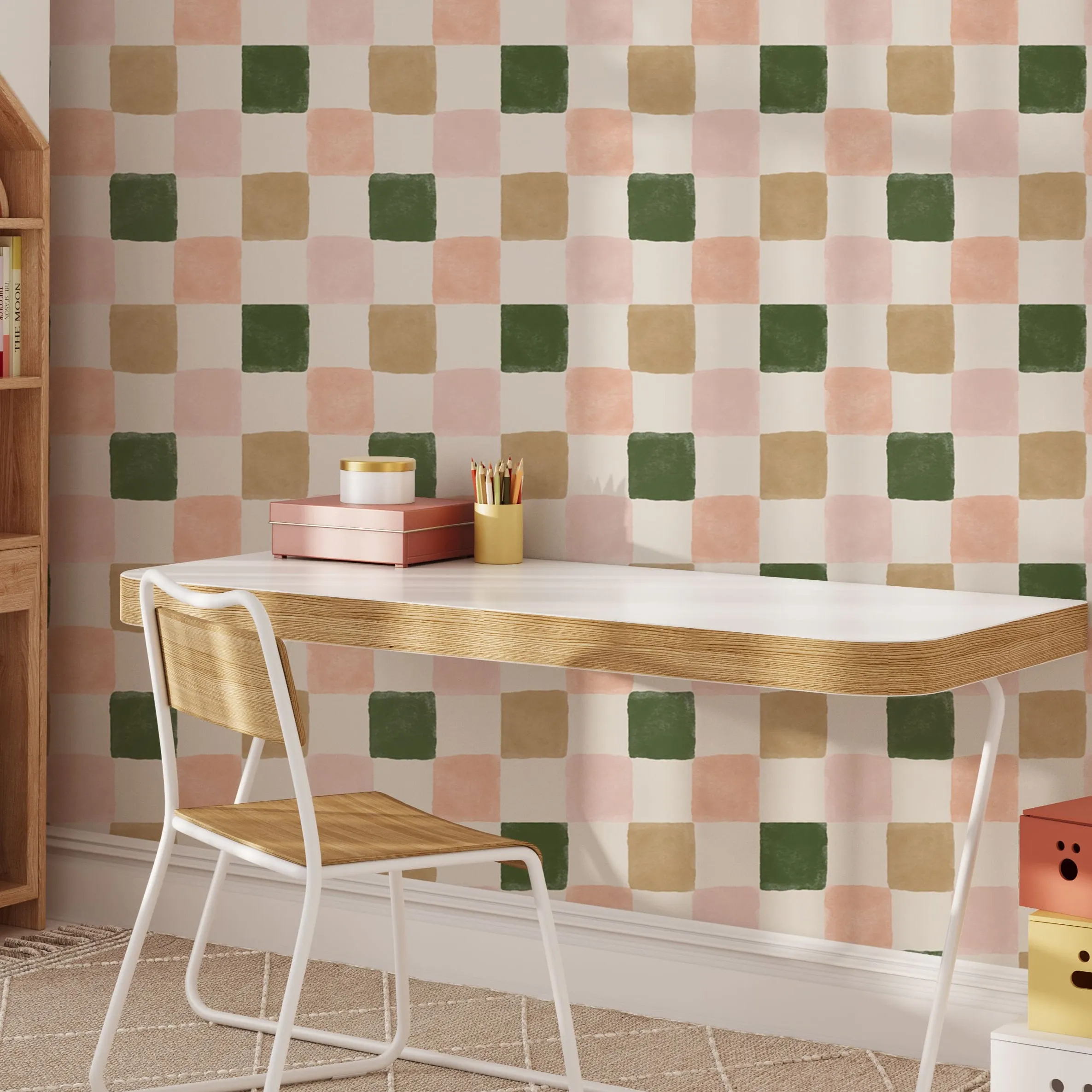 Warm Green and Pink Checker Wallpaper – Earthy & Pastel Tones