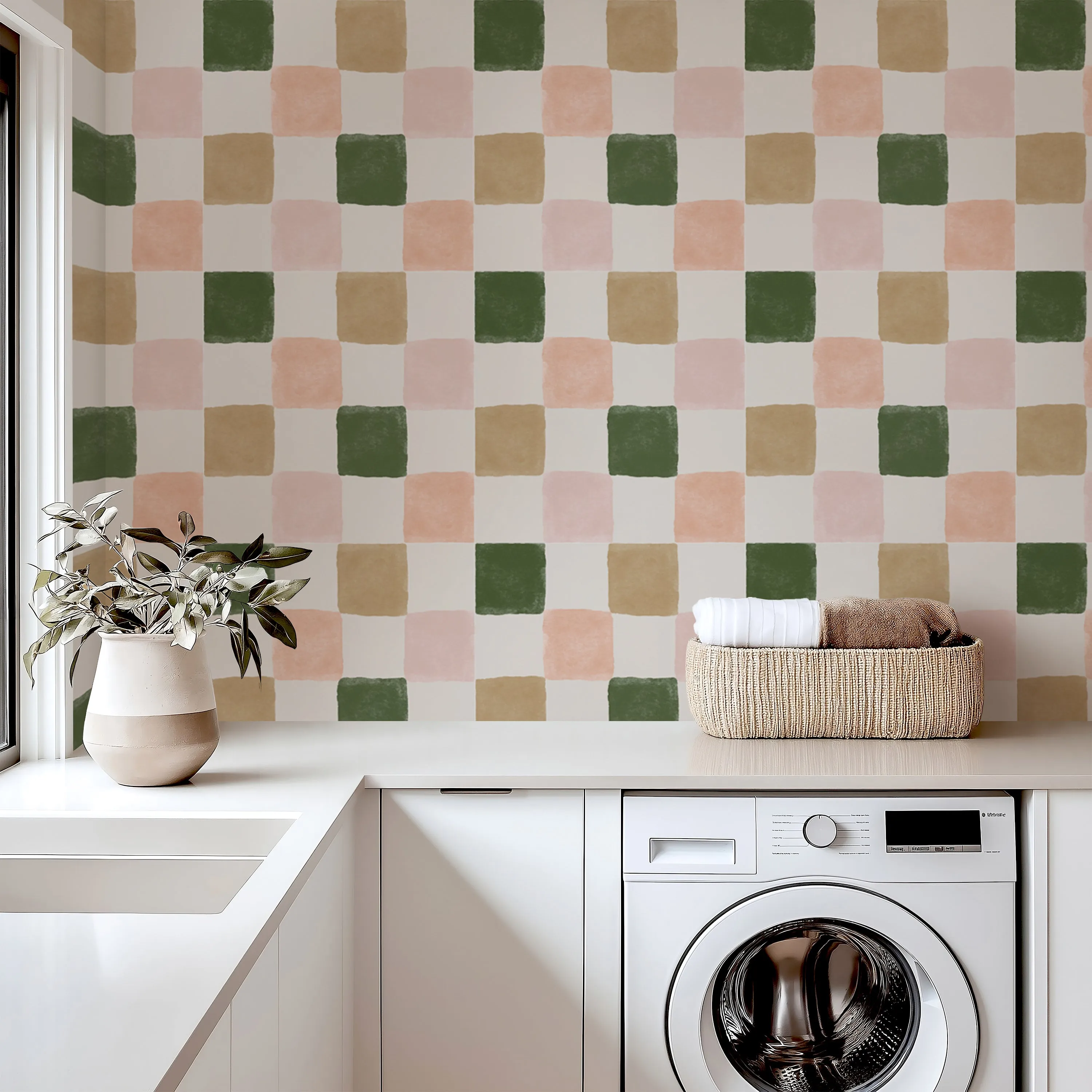 Warm Green and Pink Checker Wallpaper – Earthy & Pastel Tones