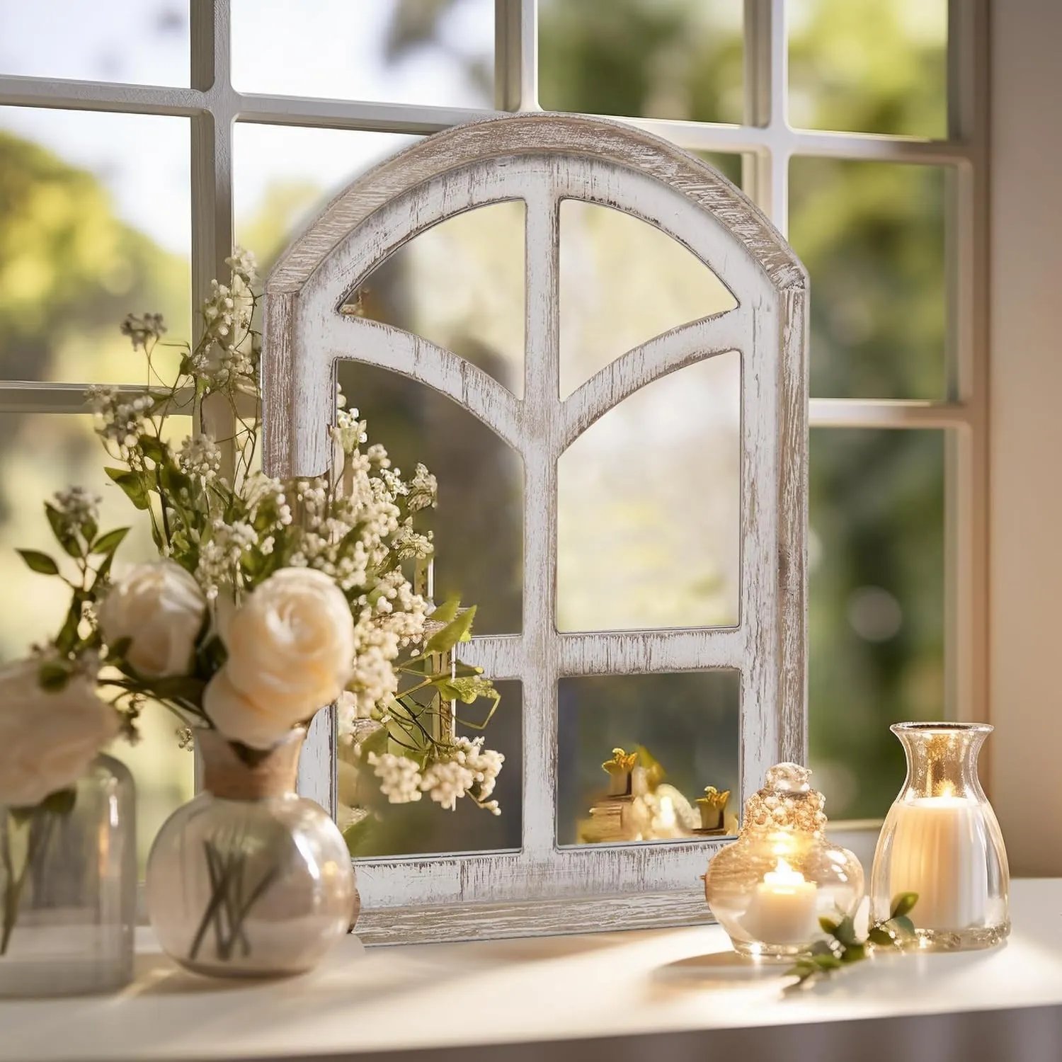 WILDWOOD Wood Wall Mirror, Arched Window Mirror with Farmhouse Decorative Mirror for Entryway, Bedroom, Living Room (24"X18") (1 Piece)