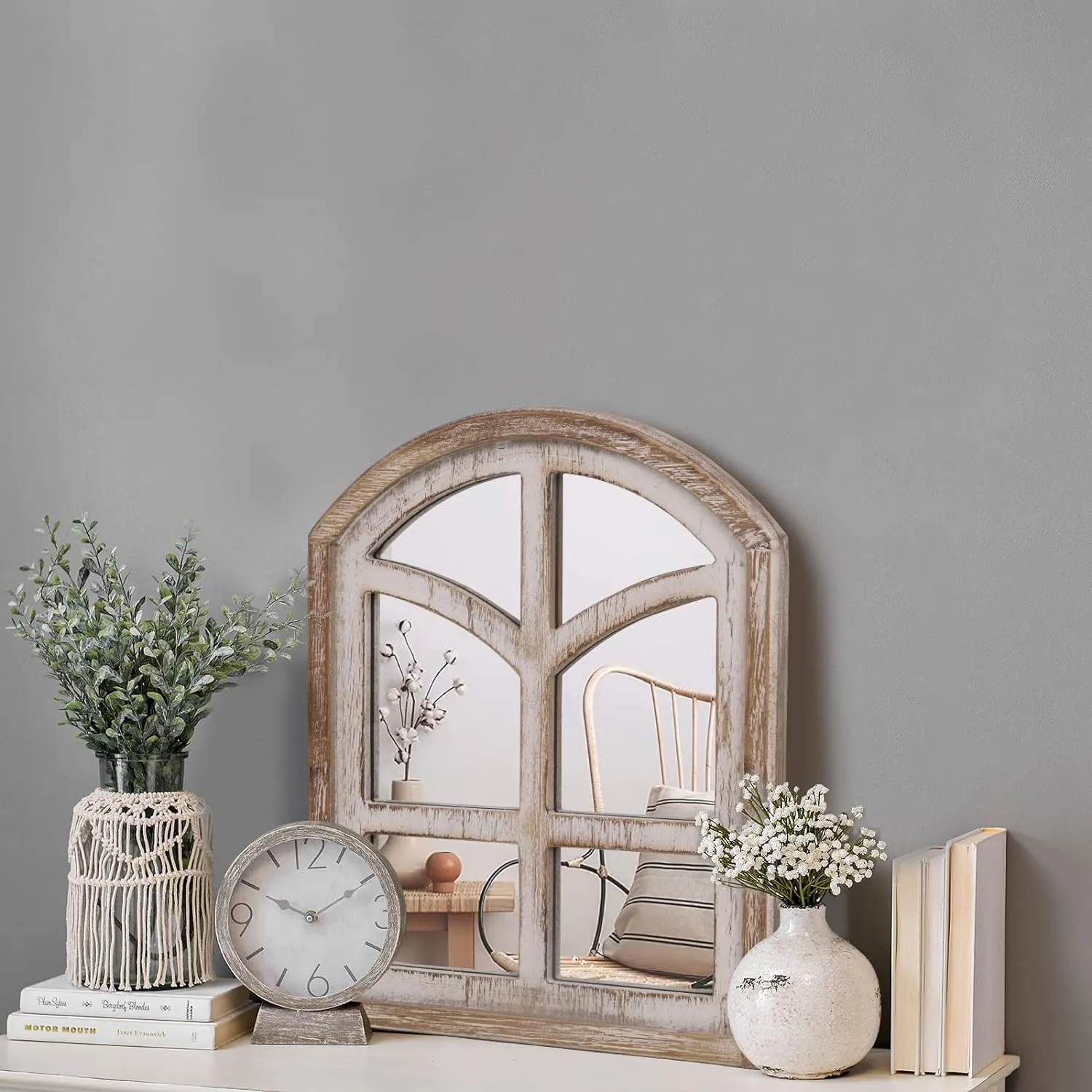 WILDWOOD Wood Wall Mirror, Arched Window Mirror with Farmhouse Decorative Mirror for Entryway, Bedroom, Living Room (24"X18") (1 Piece)